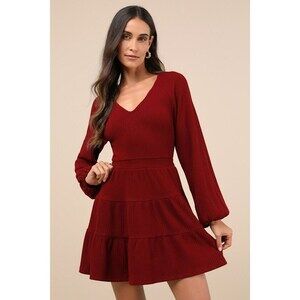 Lulus Adorable Option Wine Red Long Sleeve Mini Sweater Dress - Size M